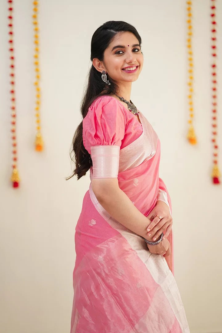 Precious Pink Cotton Silk Saree With Unique Blouse Piece - Shop authentic Indian Women's Fashion by Silk Folks