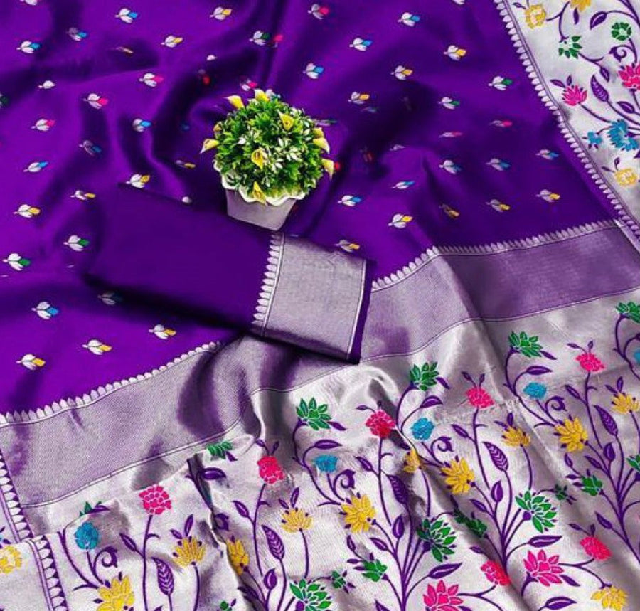 Blissful Purple Paithani Silk Saree With Desirable Blouse Piece - Shop authentic Indian Women's Fashion by Silk Folks