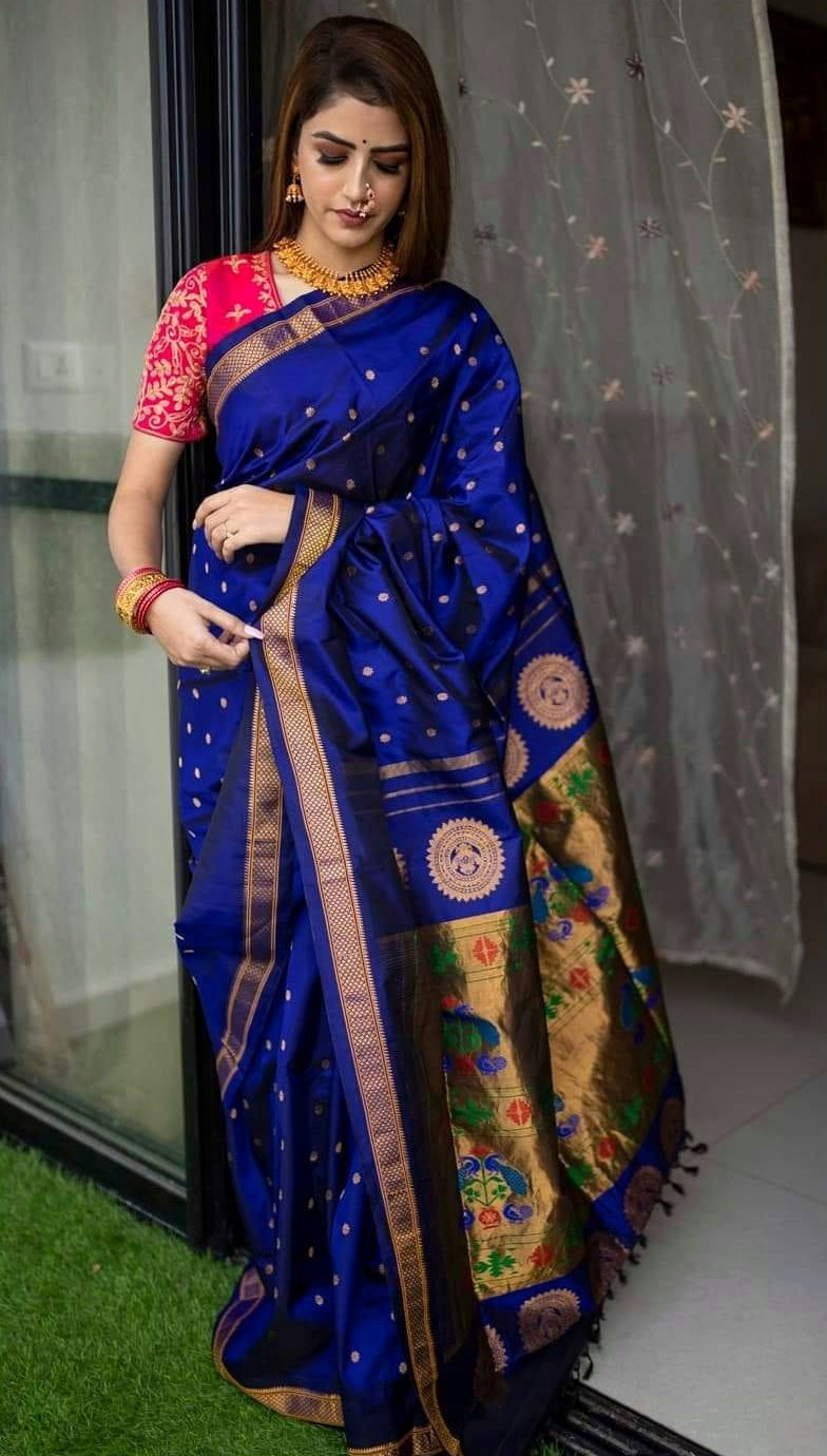 Vestigial Royal Blue Paithani Silk Saree With Denouement Blouse Piece - Shop authentic Indian Women's Fashion by Silk Folks