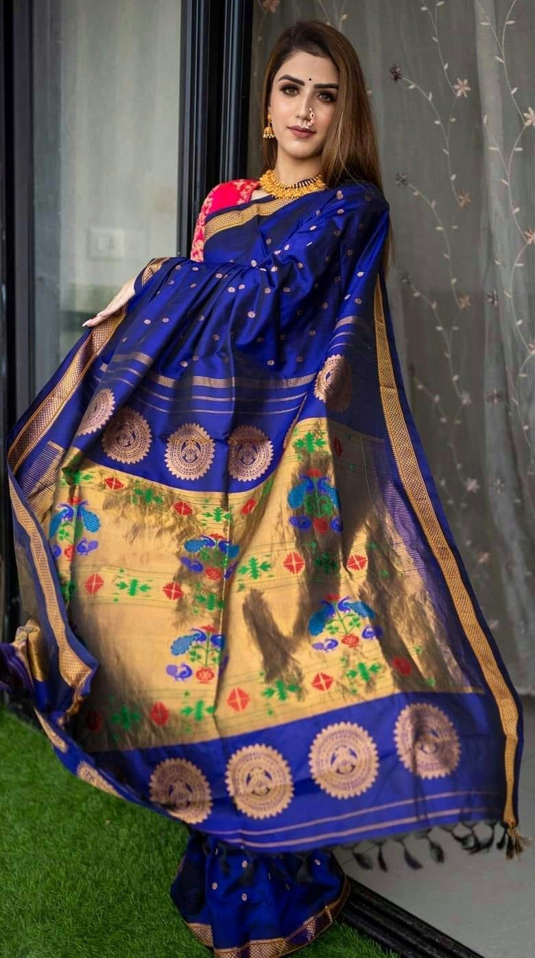 Vestigial Royal Blue Paithani Silk Saree With Denouement Blouse Piece - Shop authentic Indian Women's Fashion by Silk Folks