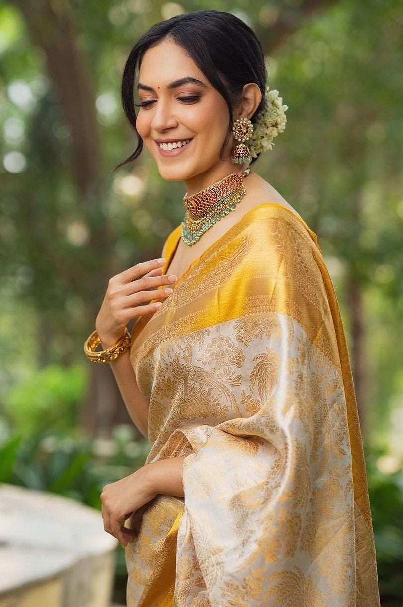 Flattering Beige Soft Silk Saree With Embellished Blouse Piece - Shop authentic Indian Women's Fashion by Silk Folks