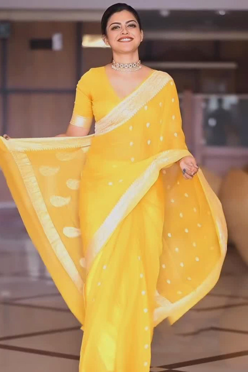 Scrumptious Yellow Soft Silk Saree With Devastating Blouse Piece - Shop authentic Indian Women's Fashion by Silk Folks