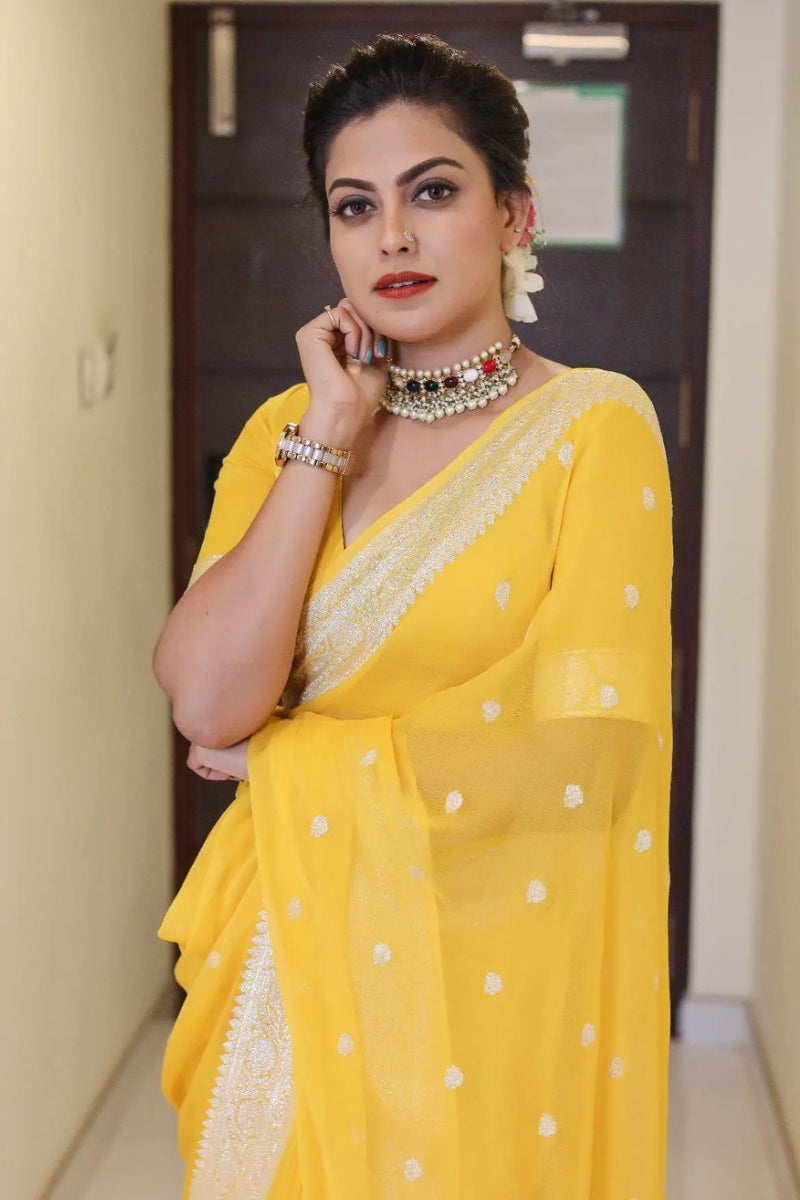 Scrumptious Yellow Soft Silk Saree With Devastating Blouse Piece - Shop authentic Indian Women's Fashion by Silk Folks