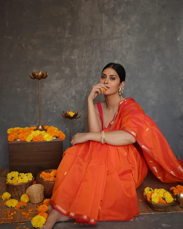 Sunset Orange Maheshawari Cotton Silk Saree - Shop authentic Indian Women's Fashion by Silk Folks