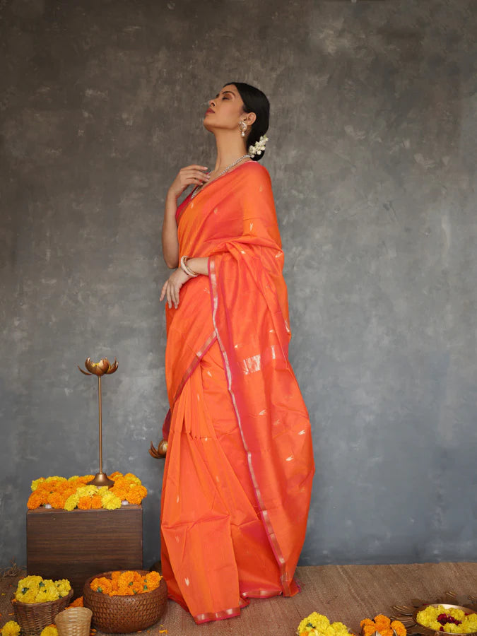 Sunset Orange Maheshawari Cotton Silk Saree - Shop authentic Indian Women's Fashion by Silk Folks