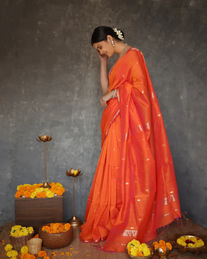 Sunset Orange Maheshawari Cotton Silk Saree - Shop authentic Indian Women's Fashion by Silk Folks