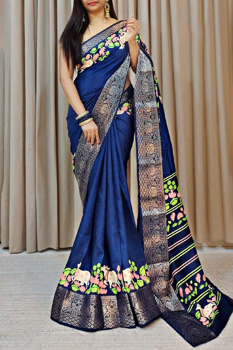 Opulent Navy Blue Digital Printed Dola Silk Saree With Imbrication Blo - Shop authentic Indian Women's Fashion by Silk Folks