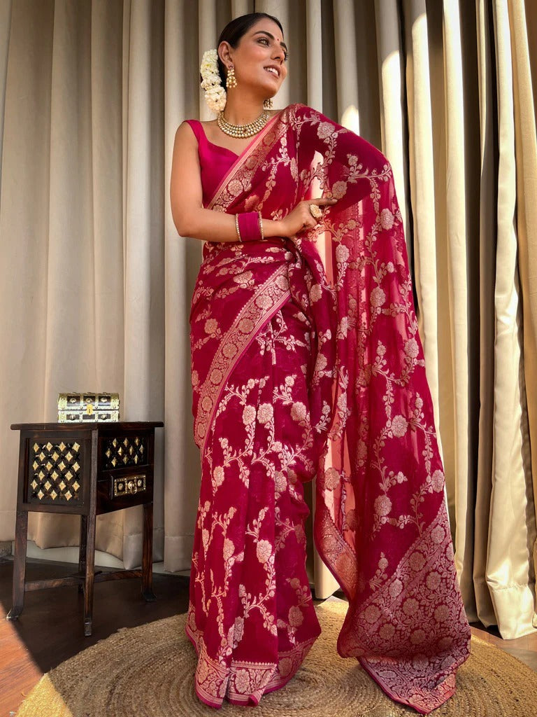 Nectarous Dark Pink Soft Silk Saree With Extraordinary Blouse Piece - Shop authentic Indian Women's Fashion by Silk Folks