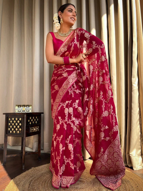 Nectarous Dark Pink Soft Silk Saree With Extraordinary Blouse Piece - Shop authentic Indian Women's Fashion by Silk Folks