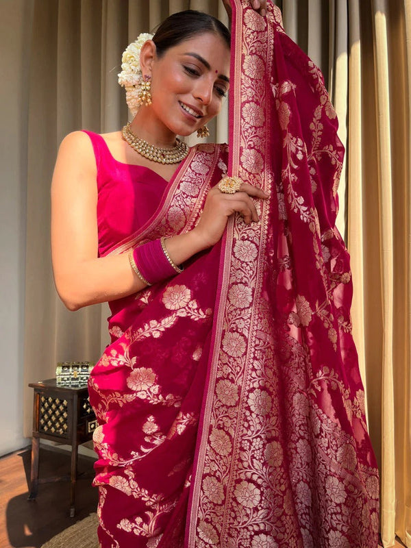 Nectarous Dark Pink Soft Silk Saree With Extraordinary Blouse Piece - Shop authentic Indian Women's Fashion by Silk Folks