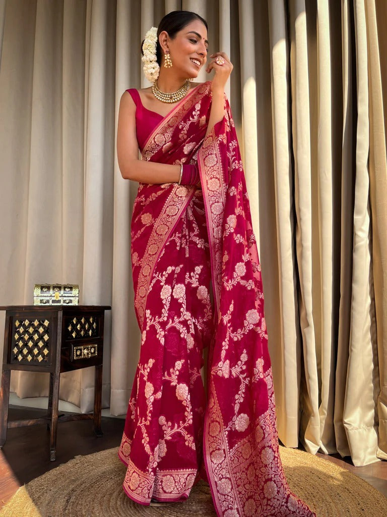 Nectarous Dark Pink Soft Silk Saree With Extraordinary Blouse Piece - Shop authentic Indian Women's Fashion by Silk Folks