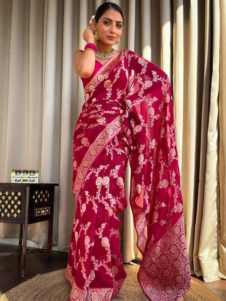 Nectarous Dark Pink Soft Silk Saree With Extraordinary Blouse Piece - Shop authentic Indian Women's Fashion by Silk Folks