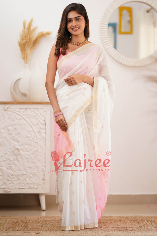 Quintessential White Cotton Silk Saree With Deserving Blouse Piece - Shop authentic Indian Women's Fashion by Silk Folks