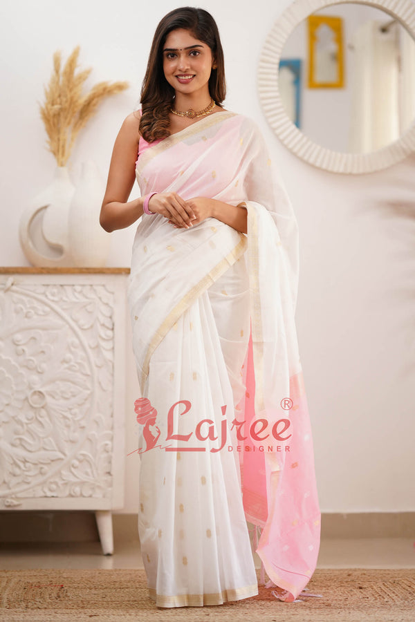 Floral White Maheshawari Cotton Silk Saree - Shop authentic Indian Women's Fashion by Silk Folks