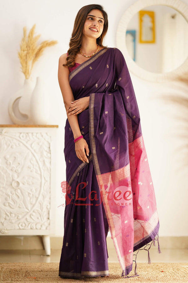 Luxuriant Purple Cotton Silk Saree With Elision Blouse Piece - Shop authentic Indian Women's Fashion by Silk Folks