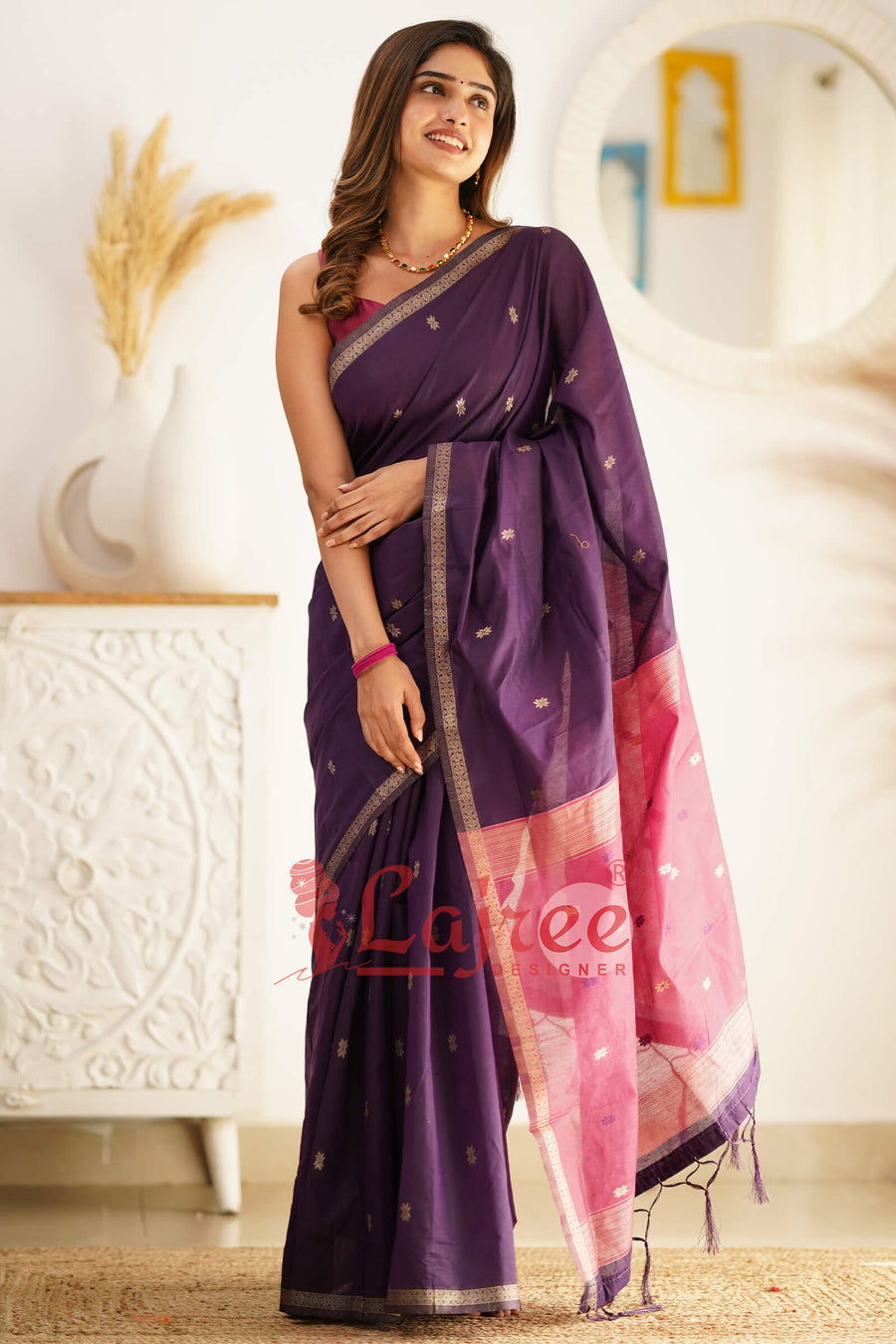 Palatinate Purple Maheshawari Cotton Silk Saree - Shop authentic Indian Women's Fashion by Silk Folks