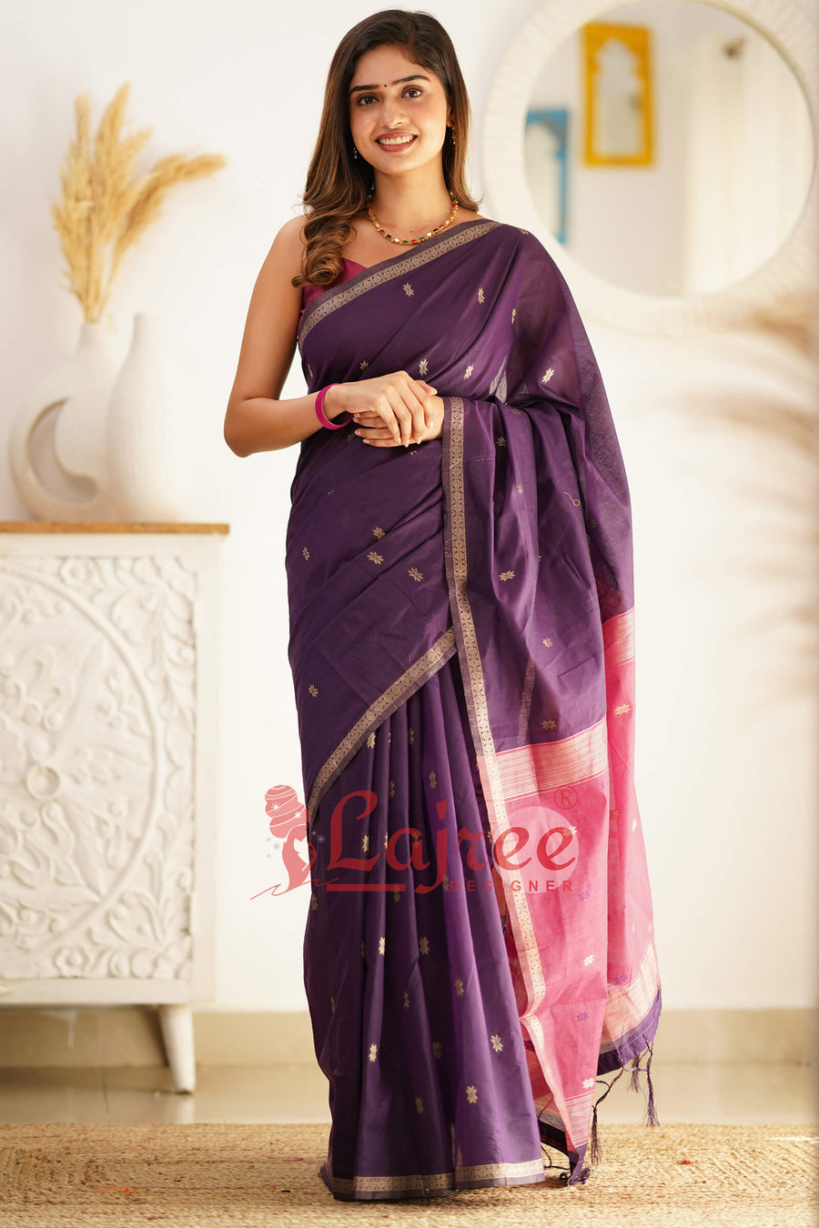 Luxuriant Purple Cotton Silk Saree With Elision Blouse Piece - Shop authentic Indian Women's Fashion by Silk Folks