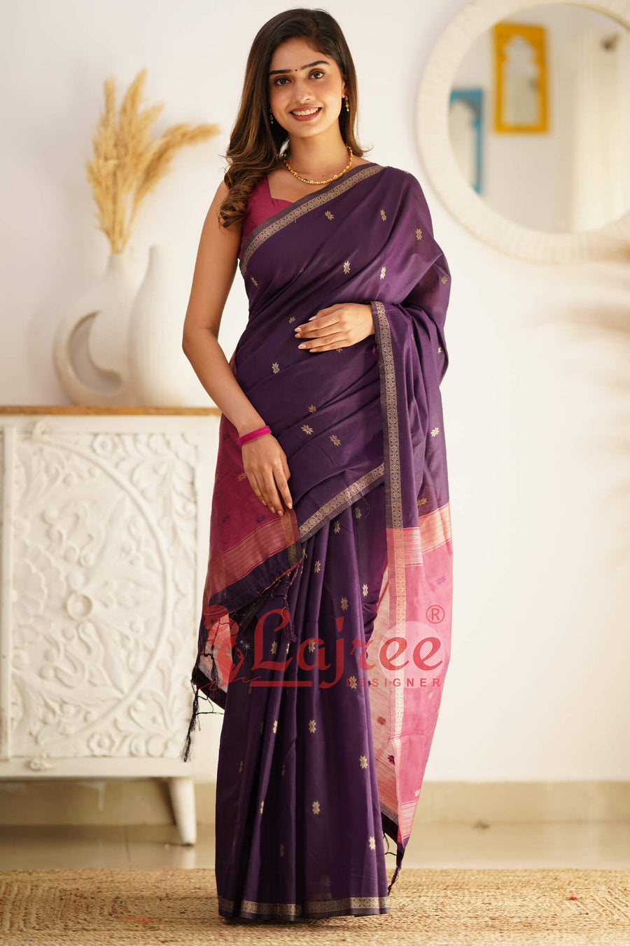 Palatinate Purple Maheshawari Cotton Silk Saree - Shop authentic Indian Women's Fashion by Silk Folks