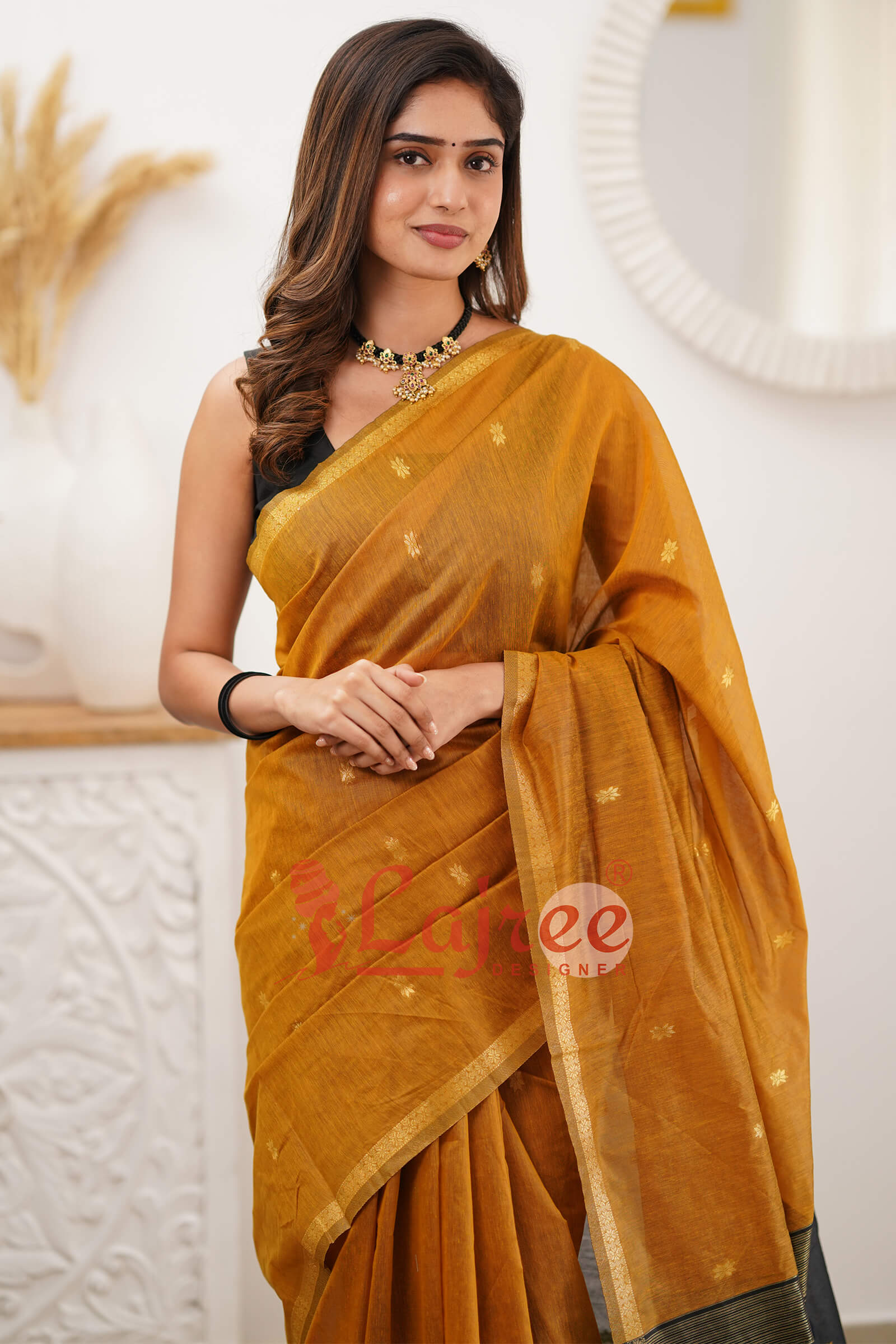 Pumpkin Mustard Maheshawari Cotton Silk Saree - Shop authentic Indian Women's Fashion by Silk Folks