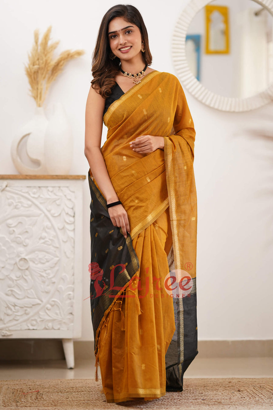 Pumpkin Mustard Maheshawari Cotton Silk Saree - Shop authentic Indian Women's Fashion by Silk Folks