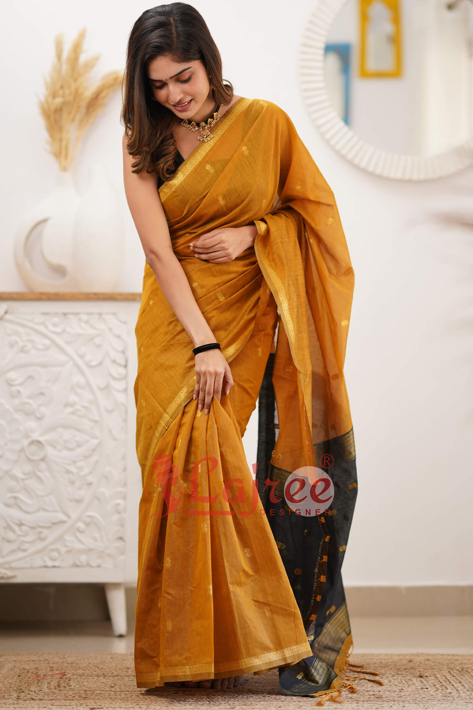 Pumpkin Mustard Maheshawari Cotton Silk Saree - Shop authentic Indian Women's Fashion by Silk Folks