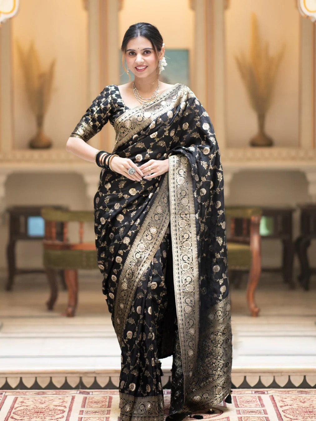 Fairytale Black Soft Silk Saree With Jazzy Blouse Piece - Shop authentic Indian Women's Fashion by Silk Folks