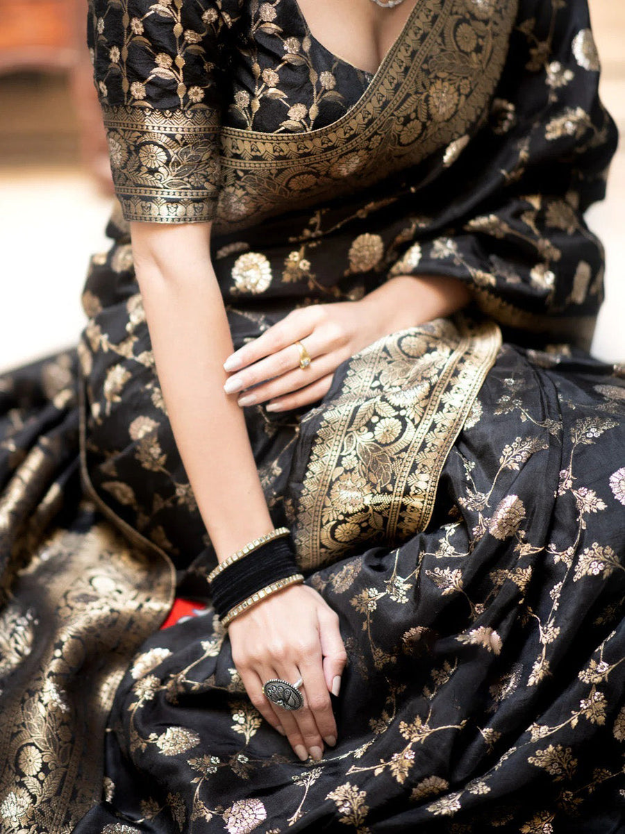 Fairytale Black Soft Silk Saree With Jazzy Blouse Piece - Shop authentic Indian Women's Fashion by Silk Folks
