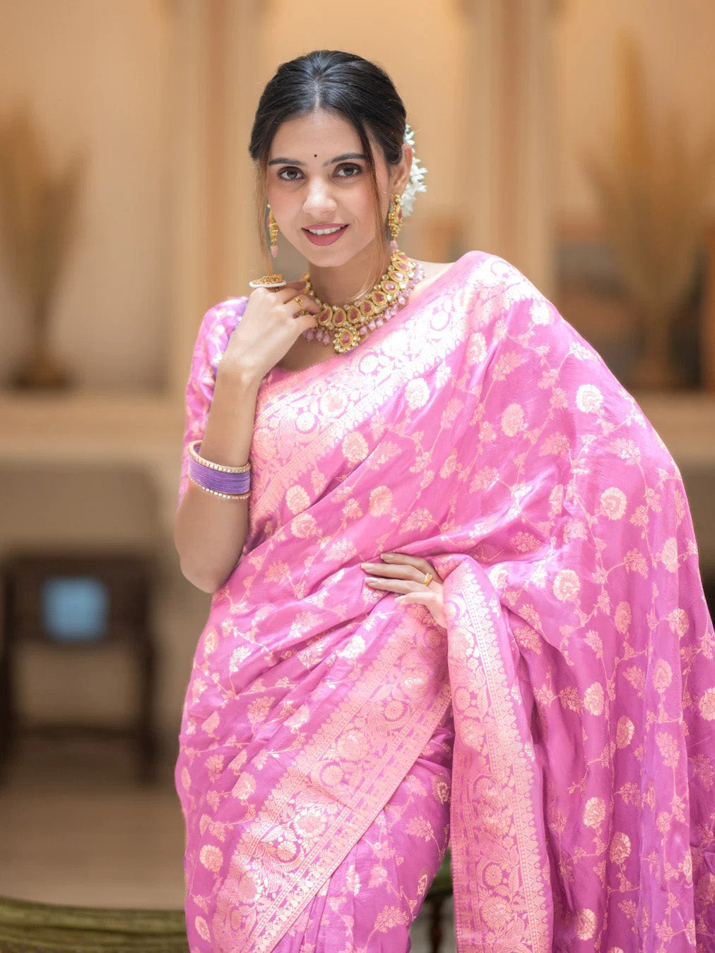 Flameboyant Baby Pink Soft Silk Saree With Opulent Blouse Piece - Shop authentic Indian Women's Fashion by Silk Folks