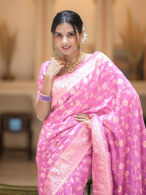 Flameboyant Baby Pink Soft Silk Saree With Opulent Blouse Piece - Shop authentic Indian Women's Fashion by Silk Folks