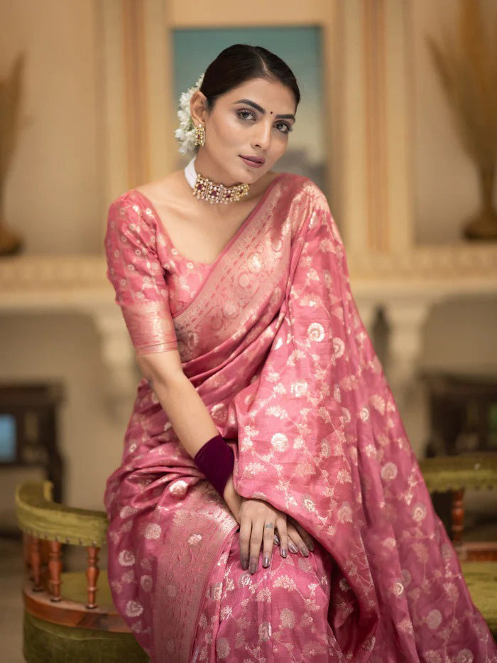 Amazing Pink Soft Silk Saree With Elegant Blouse Piece - Shop authentic Indian Women's Fashion by Silk Folks