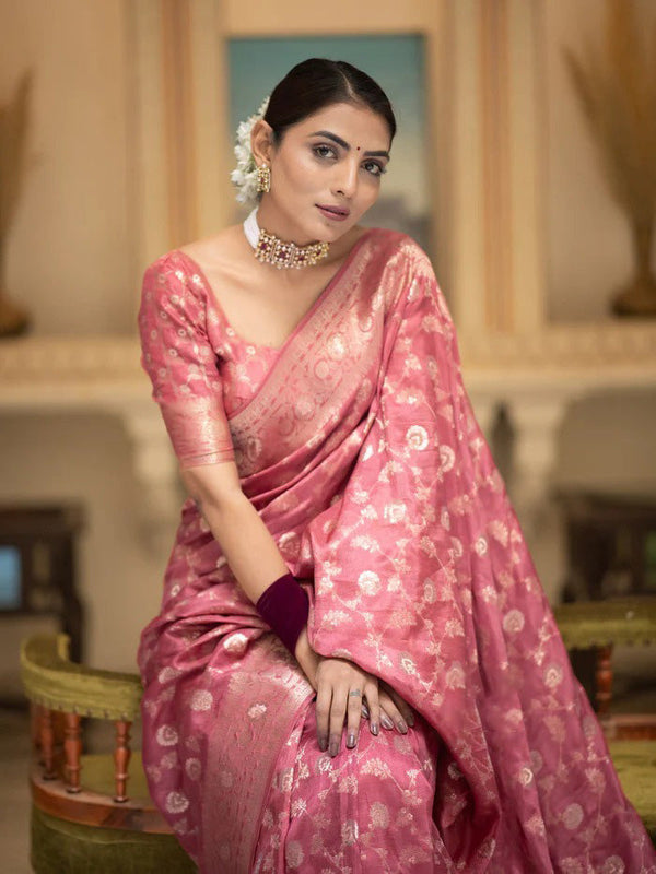 Amazing Pink Soft Silk Saree With Elegant Blouse Piece - Shop authentic Indian Women's Fashion by Silk Folks
