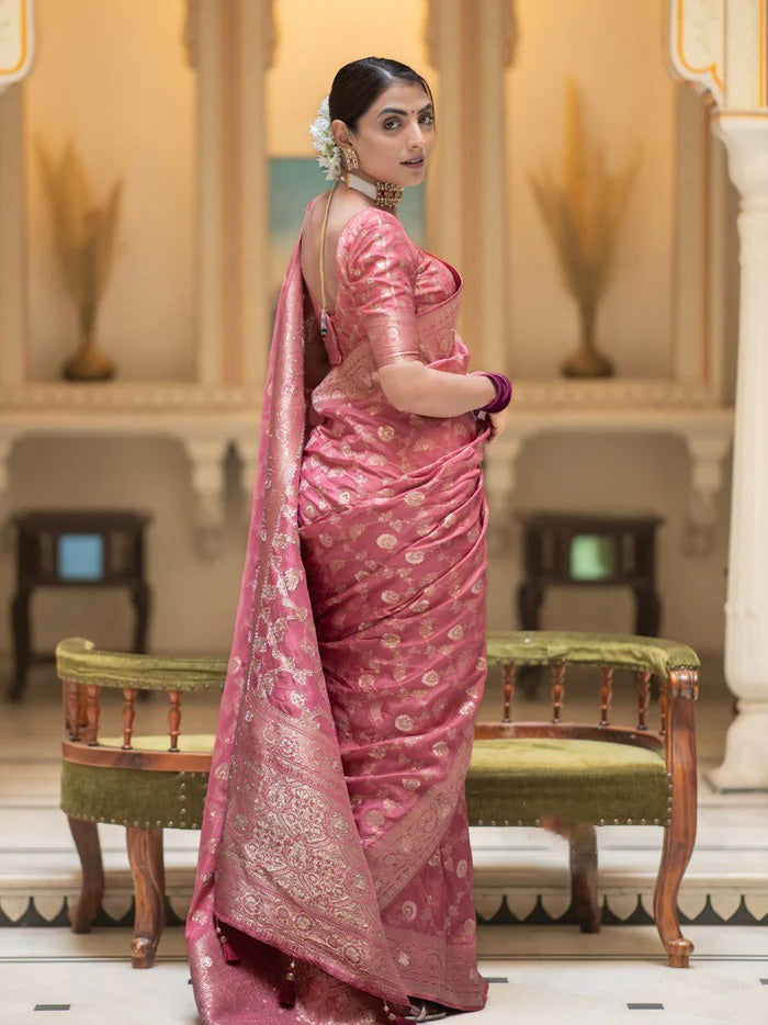Amazing Pink Soft Silk Saree With Elegant Blouse Piece - Shop authentic Indian Women's Fashion by Silk Folks