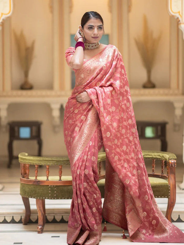 Amazing Pink Soft Silk Saree With Elegant Blouse Piece - Shop authentic Indian Women's Fashion by Silk Folks