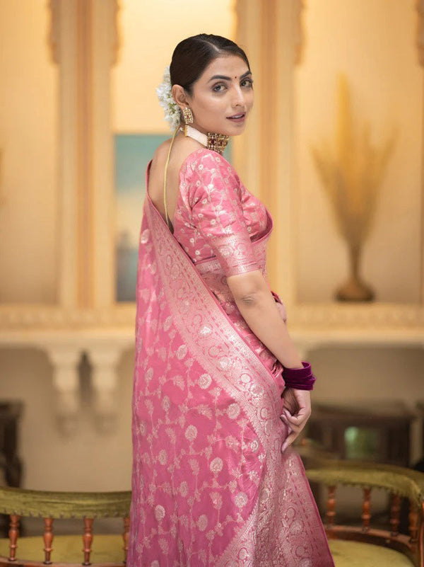 Beleaguer Pink Soft Silk Saree With Elegant Blouse Piece - Shop authentic Indian Women's Fashion by Silk Folks
