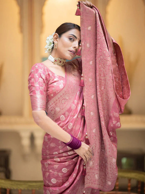 Beleaguer Pink Soft Silk Saree With Elegant Blouse Piece - Shop authentic Indian Women's Fashion by Silk Folks