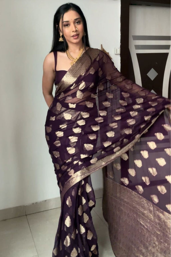 Glittering 1-Minute Ready To Wear Dark Purple Cotton Silk Saree - Shop authentic Indian Women's Fashion by Silk Folks