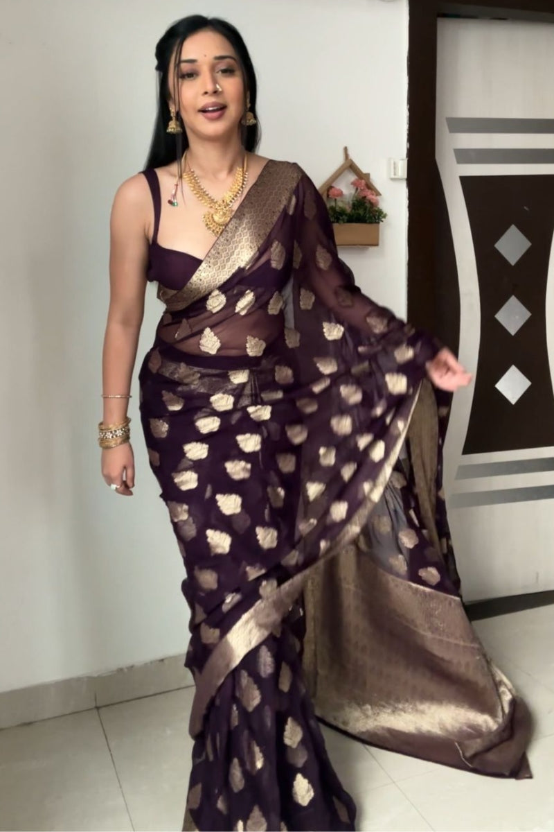 Glittering 1-Minute Ready To Wear Dark Purple Cotton Silk Saree - Shop authentic Indian Women's Fashion by Silk Folks