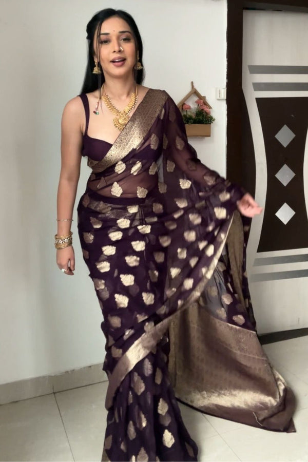 Glittering 1-Minute Ready To Wear Dark Purple Cotton Silk Saree - Shop authentic Indian Women's Fashion by Silk Folks