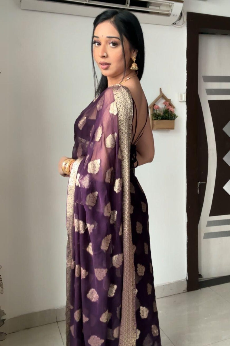 Glittering 1-Minute Ready To Wear Dark Purple Cotton Silk Saree - Shop authentic Indian Women's Fashion by Silk Folks