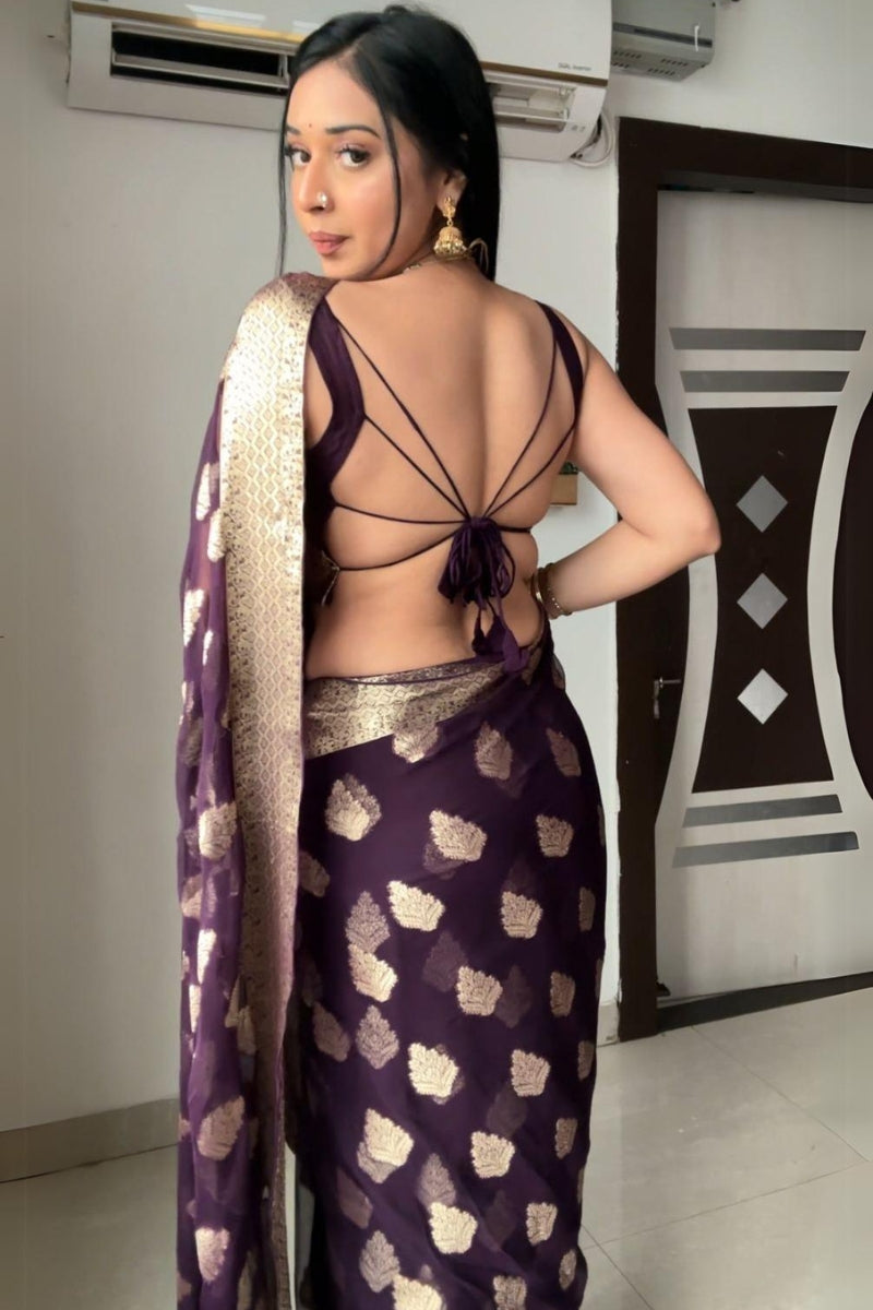 Glittering 1-Minute Ready To Wear Dark Purple Cotton Silk Saree - Shop authentic Indian Women's Fashion by Silk Folks