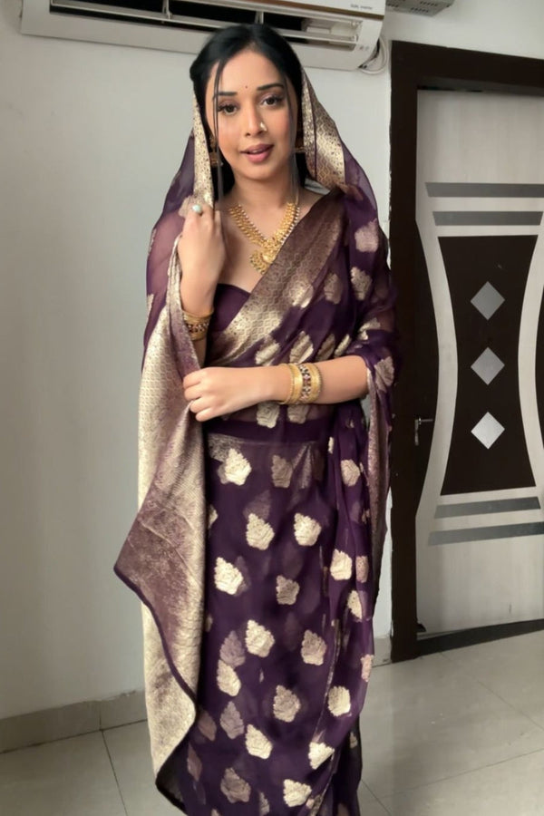 Surpassing 1-Minute Ready To Wear Dark Purple Cotton Silk Saree - Shop authentic Indian Women's Fashion by Silk Folks