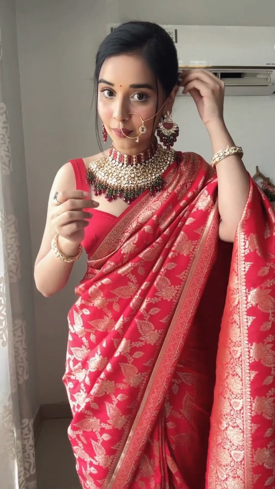 Classic 1-Minute Ready To Wear Red Soft Silk Saree - Shop authentic Indian Women's Fashion by Silk Folks