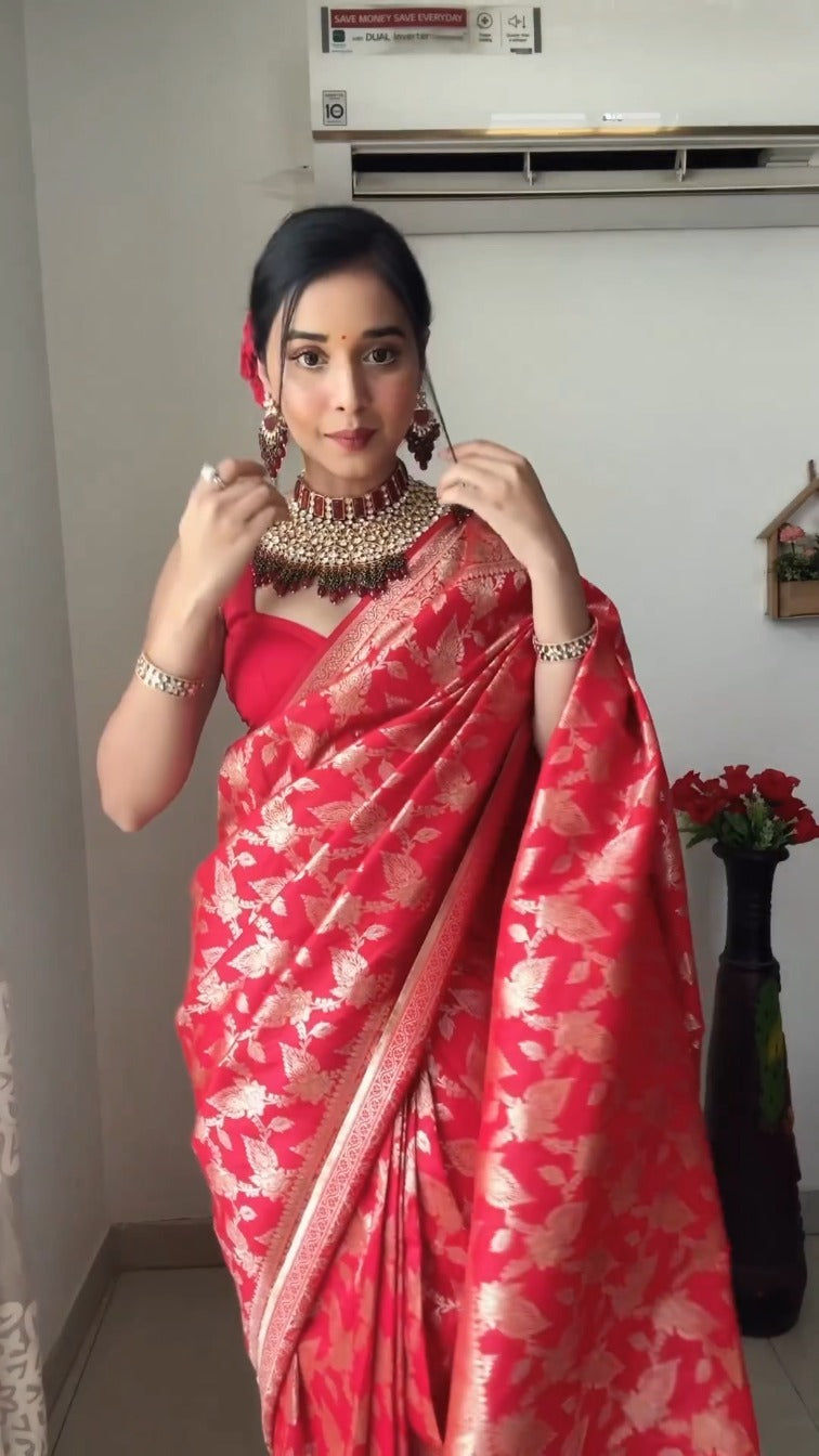 Murmurous 1-Minute Ready To Wear Red Soft Silk Saree - Shop authentic Indian Women's Fashion by Silk Folks