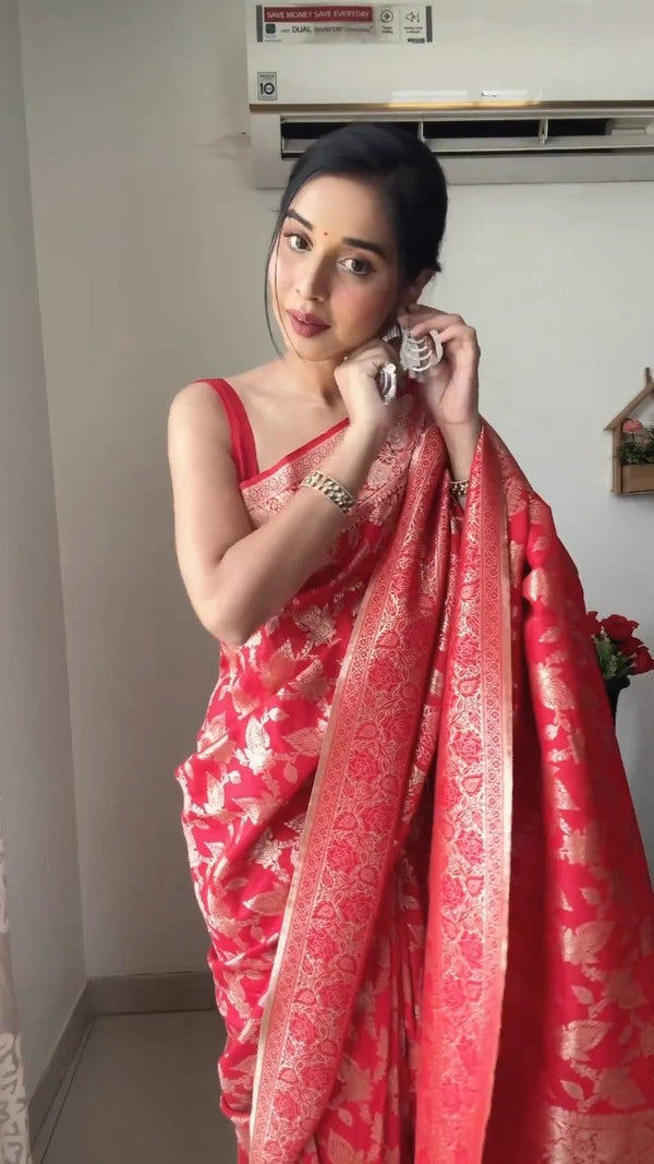 Classic 1-Minute Ready To Wear Red Soft Silk Saree - Shop authentic Indian Women's Fashion by Silk Folks