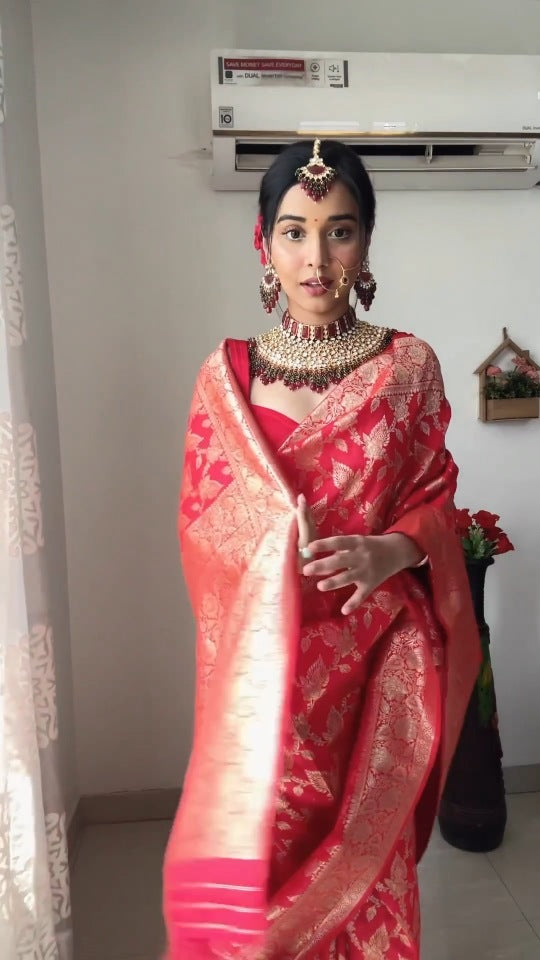 Classic 1-Minute Ready To Wear Red Soft Silk Saree - Shop authentic Indian Women's Fashion by Silk Folks