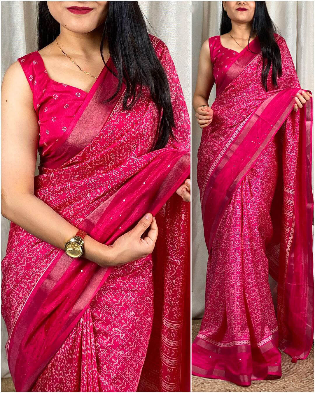 Profuse Dark Pink Digital Printed Dola Silk Saree With Exquisite Blous - Shop authentic Indian Women's Fashion by Silk Folks