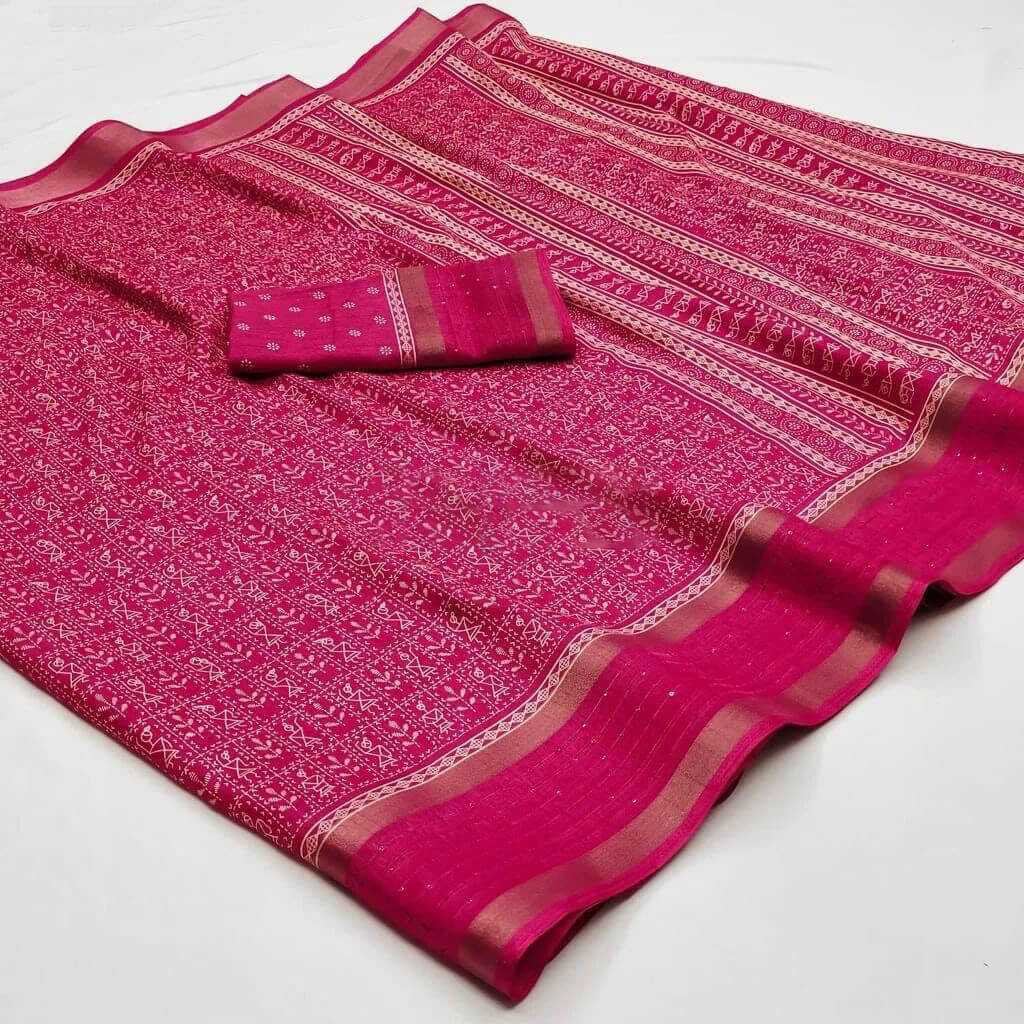 Profuse Dark Pink Digital Printed Dola Silk Saree With Exquisite Blous - Shop authentic Indian Women's Fashion by Silk Folks
