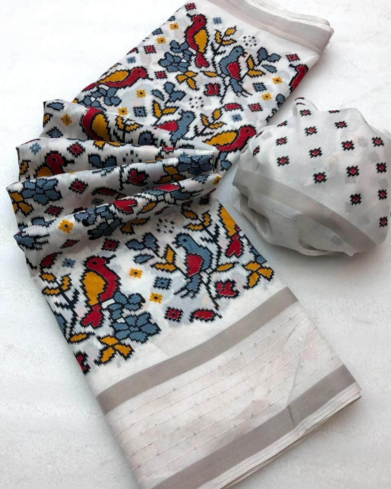 Trendy White Digital Printed Dola Silk Saree With Admirable Blouse Pie - Shop authentic Indian Women's Fashion by Silk Folks