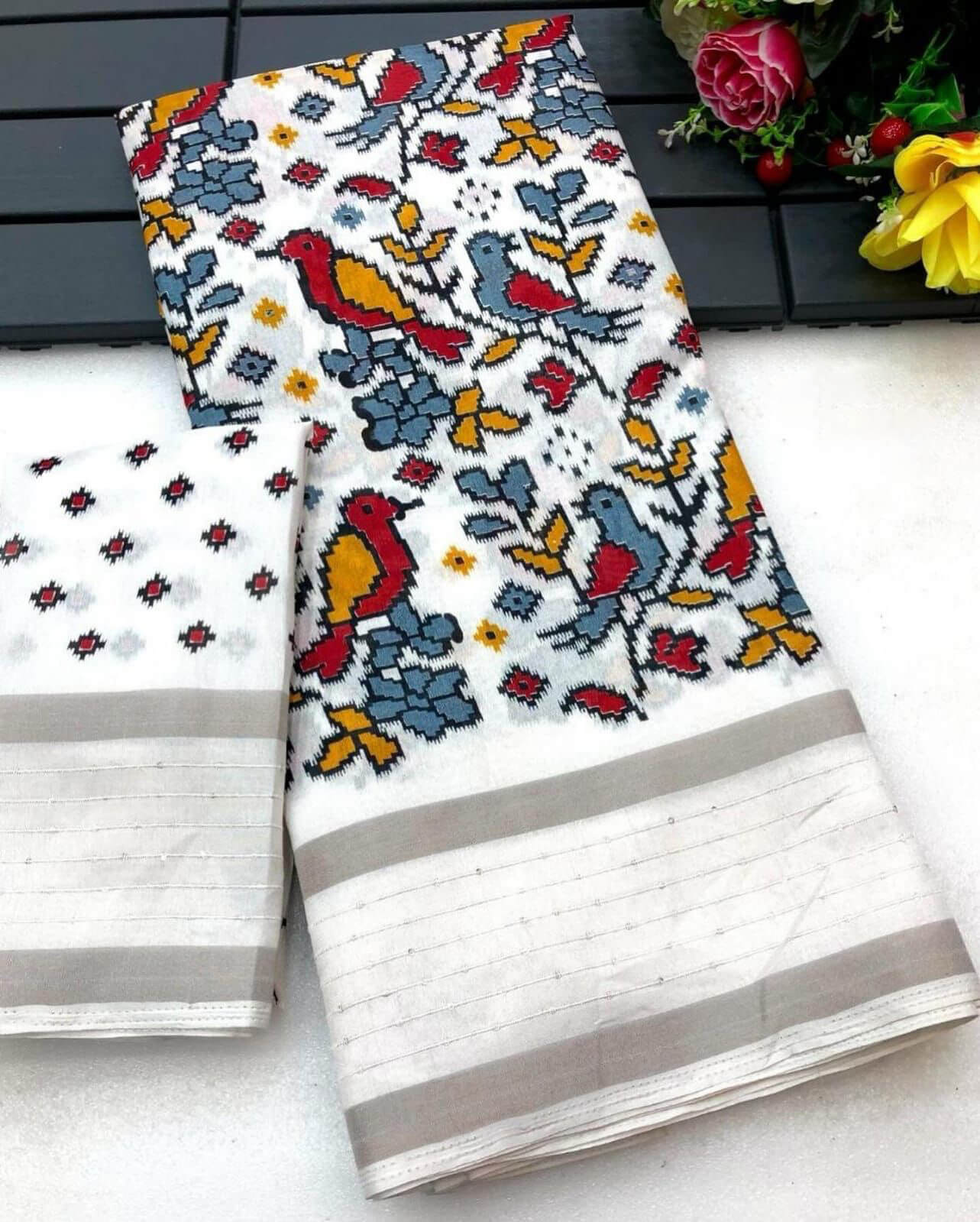 Trendy White Digital Printed Dola Silk Saree With Admirable Blouse Pie - Shop authentic Indian Women's Fashion by Silk Folks
