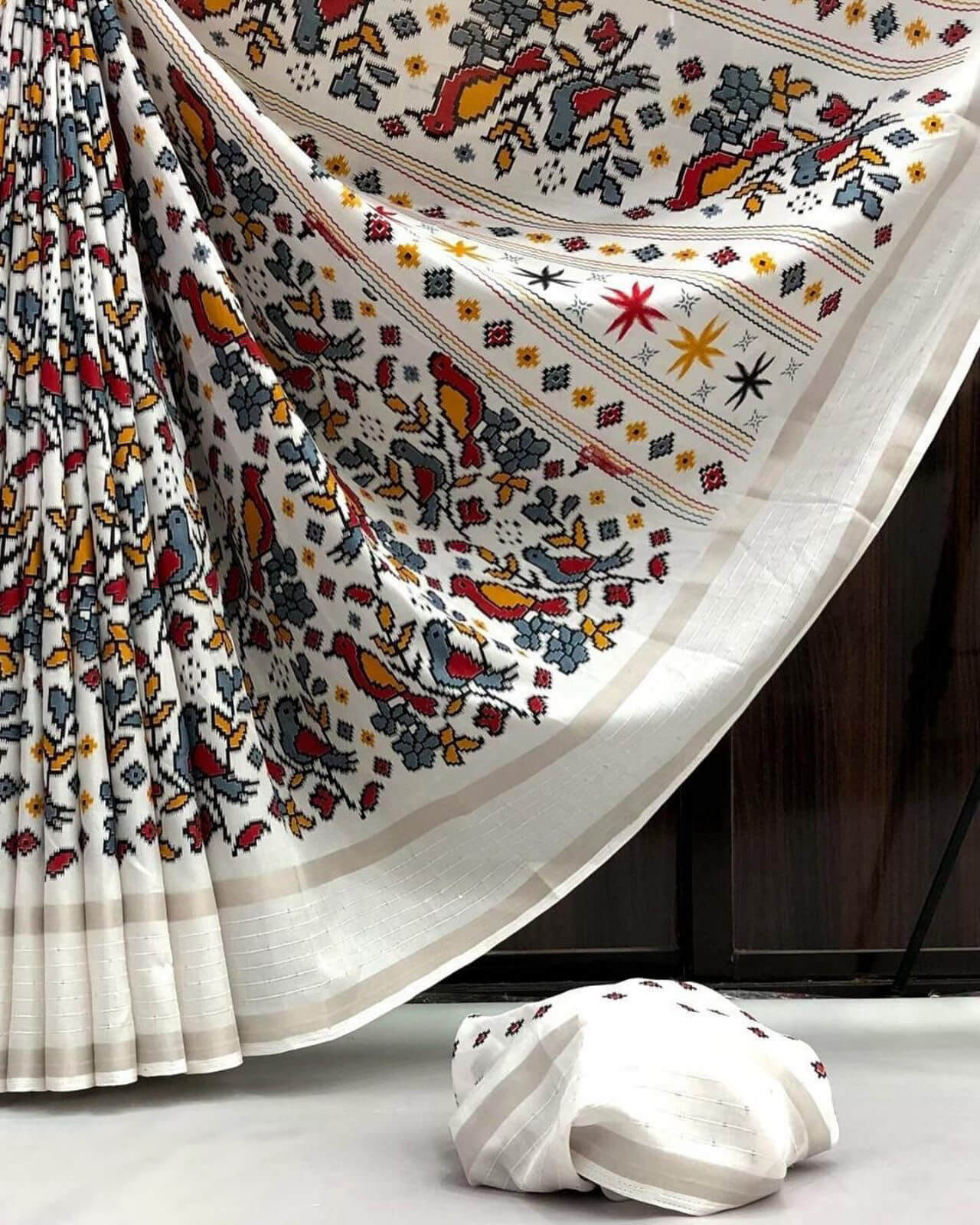 Eye-catching White Digital Printed Dola Silk Saree With Admirable Blou - Shop authentic Indian Women's Fashion by Silk Folks